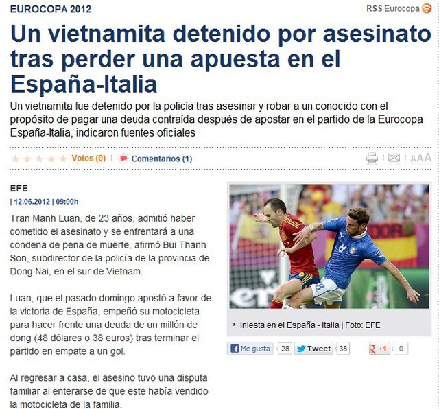 Nhật báo của TBN đưa tin vụ giết người ở Việt Nam do cá độ bóng đá trận TBN - Italia 